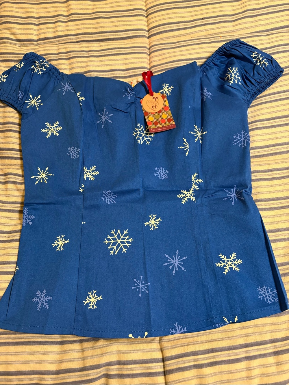 Blue Off-Shoulder Snowflake Print Women’s Top
